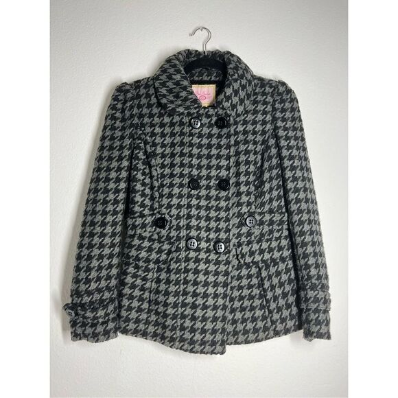 Pink Envelope Coat Jacket Juniors M Double Breast Hounds Tooth Black Gray - Picture 1 of 10